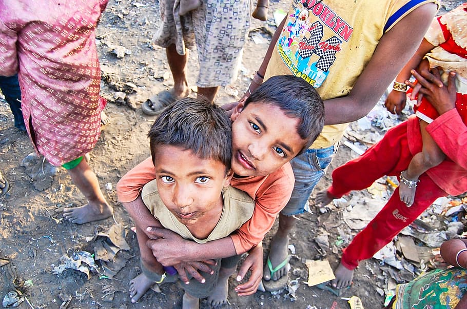 two, boys, looking, camera, india, slums, poor, people ...
