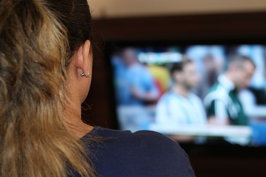 woman, watching, football game, football, game, watching tv, tv, fifa world cup, cheerleader, headshot