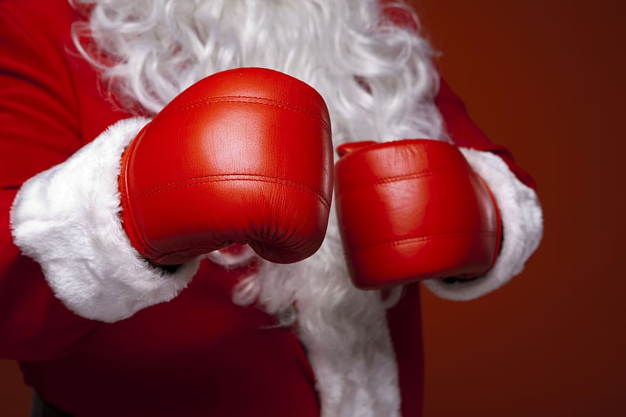サンタクロース, 身に着けている, 赤, ボクシンググローブ, ぼかし, ボクシング, クリスマス, フォーカス, 白, ボクシング-スポーツ