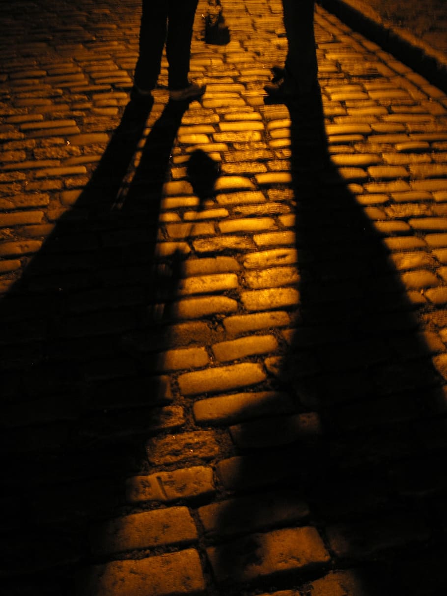 Night, Cobblestone, Shadows, meeting, mysterious, suspicious, shadow, focus on shadow, brick wall, high angle view