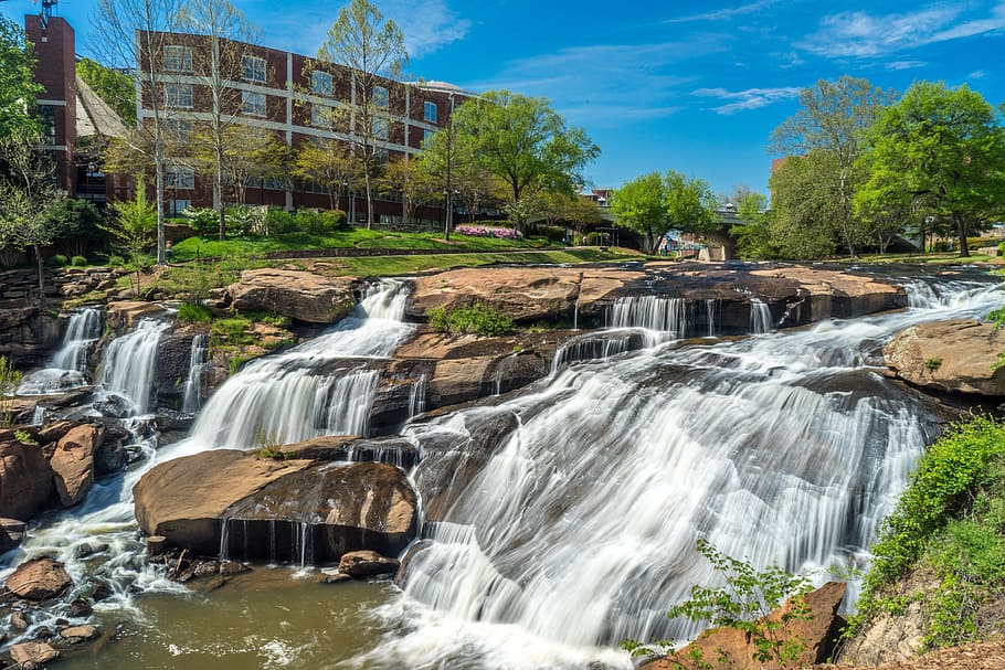 waterfalls near building, Greenville, Falls Park, Waterfall, carolina, nature, downtown, reedy, city, landscape