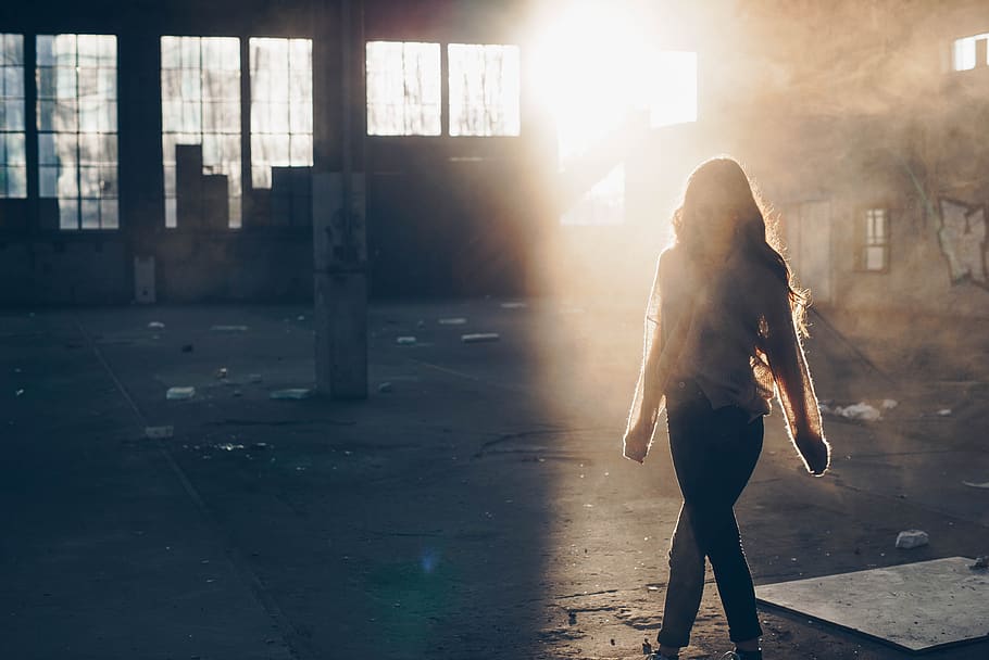 sunlight, people, girl, woman, walking, alone, old, building, structure, one person