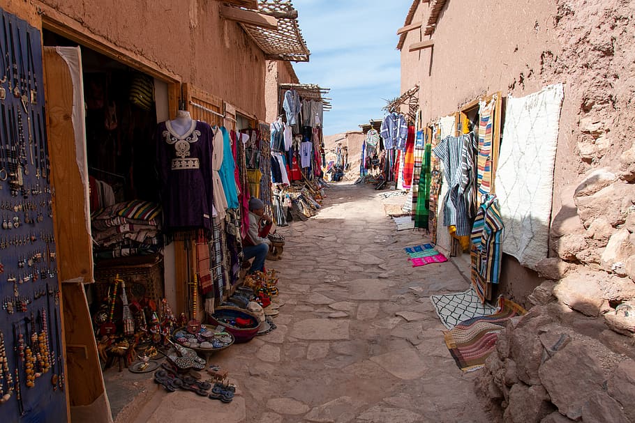 morocco, kasbah, market stalls, shops, tourism, ajt ben haddou, street, ksar, berber, buildings