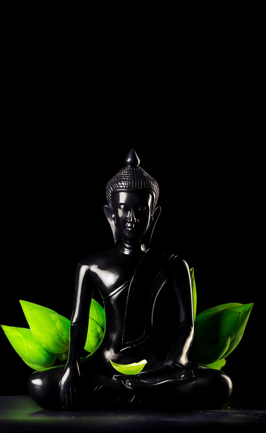black, buddha figurine, green, lotus leaf, art, buddha, ceramic, dark, figurine, lotus