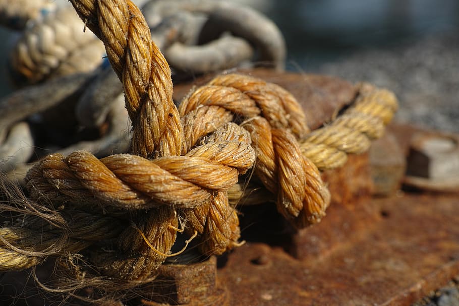 brown, rope, tied, steel frame, node, solid, maritime, anchor, boat, macro