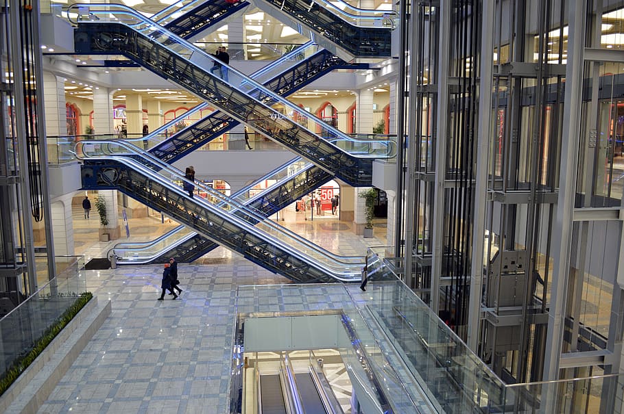 escadas rolantes, compras, lobby, centro comercial, compra, loja, empresa, indústria, arquitetura, construção