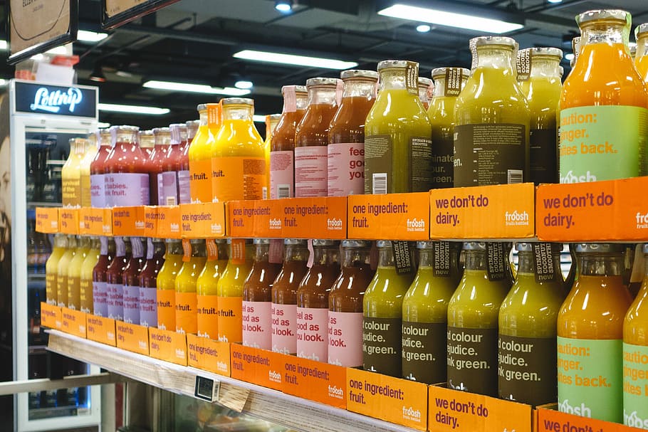 supermercado, zumos de frutas, tienda de comestibles, saludable, jugo, tienda, minorista, botella, mercancía, comida
