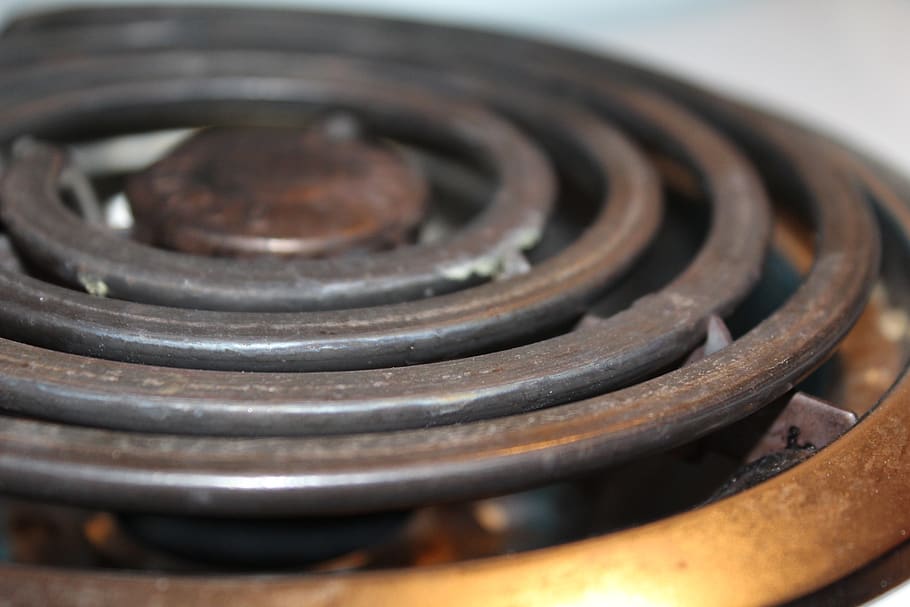 old burner, stove, heating element, appliance, metal, close-up, indoors, backgrounds, rusty, spiral
