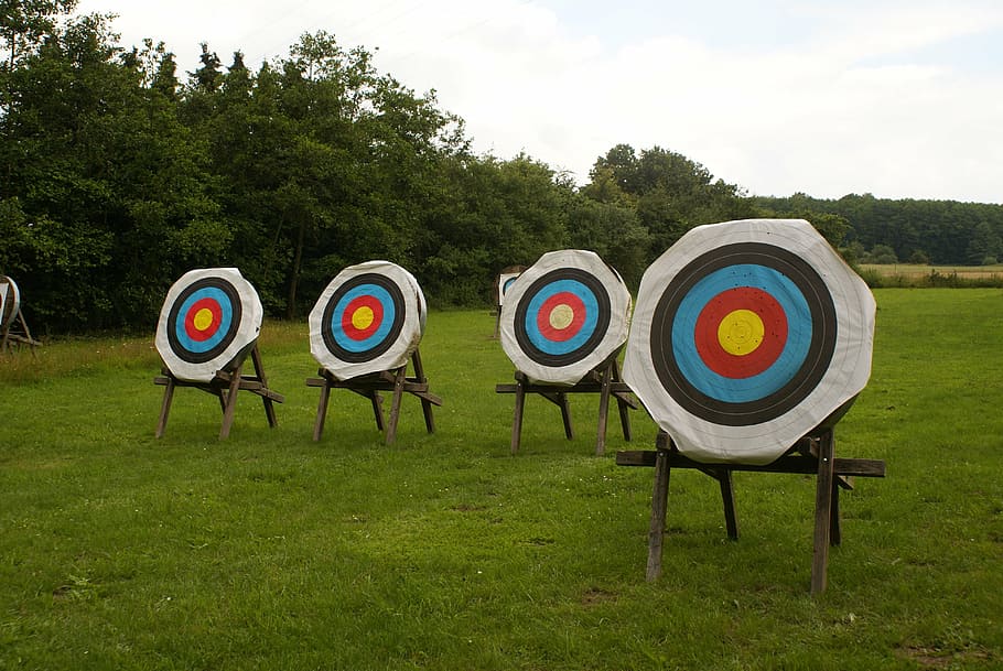 four shooting targets, archery, arrows, bow square, tournament, olympic, arch, compound, plant, grass