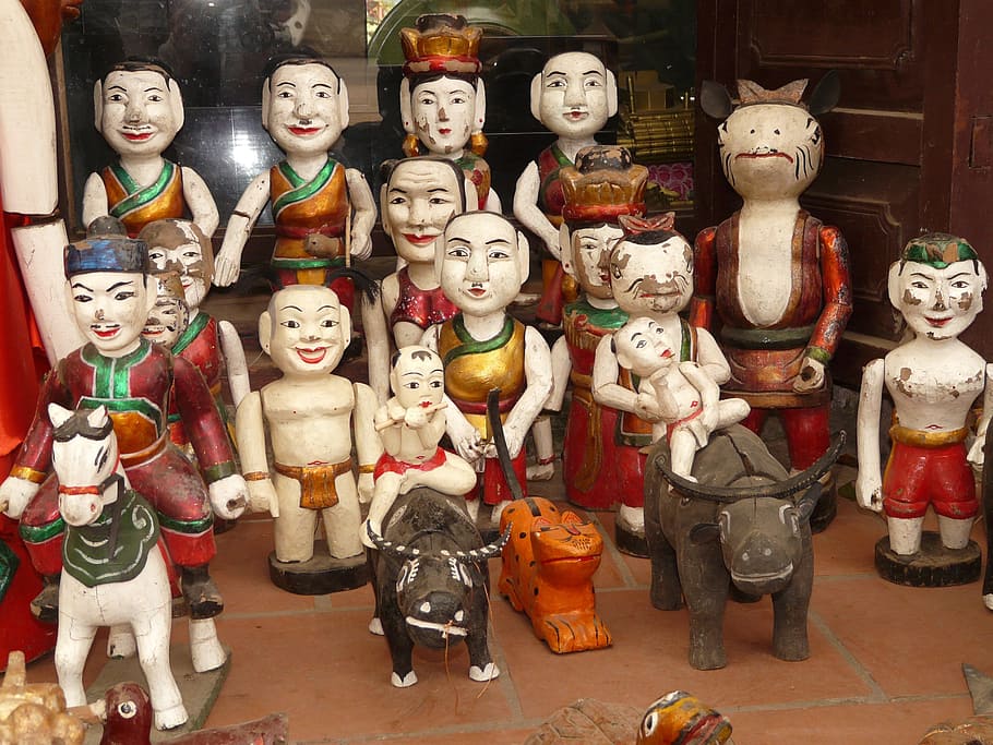 people statuettes, water puppet, vietnam, hanoi, human representation, representation, art and craft, male likeness, indoors, sculpture
