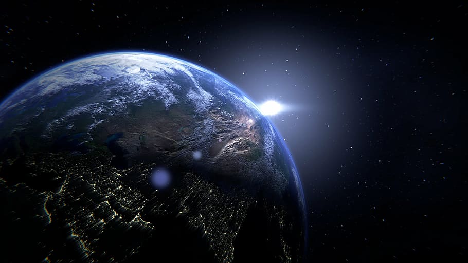 ilustrasi satelit bumi, planet, bumi, bola, ruang, dunia, benua, biru, cahaya, fiksi ilmiah