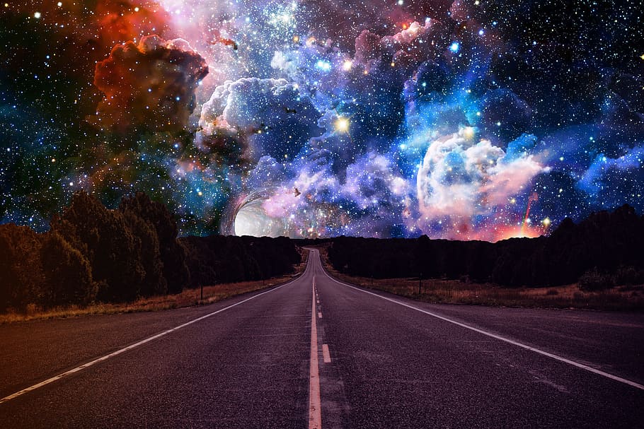 long, road photography, nebula skies, space, sky, nebula, street, route, night, magic