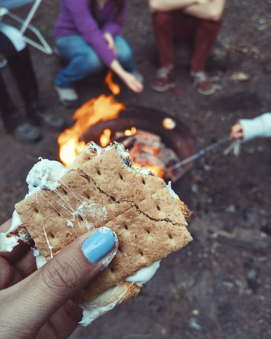 pessoa segurando biscoitos, comida, lanche, fogo, cozinhar, ao ar livre, mão, borrão, camping, viagens