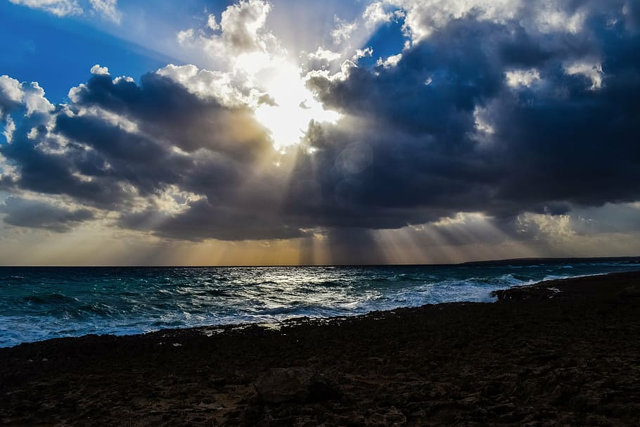 photography, calm, sea, crepuscular rays, waves, storm, clouds, sunbeam, coast, nature