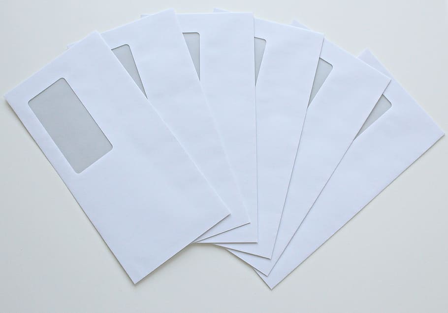 six, white, windowed envelopes, envelope, post, paper, letters, envelopes, leave, message