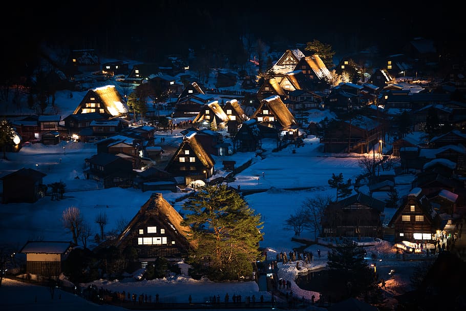 nieve, cubierto, ciudad, luces, noche, Japón, Shirakawa-go, Gifu, patrimonio, pueblo