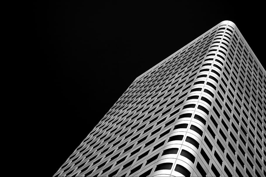 low-angle photography, white, concrete, building, architecture, infrastructure, sky, skyscraper, tower, black and white