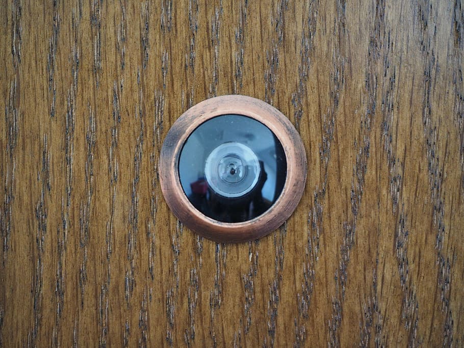 espião de porta, segurança, olheiro, proteção da presença de, lente grande angular, madeira - material, forma, close-up, círculo, forma geométrica