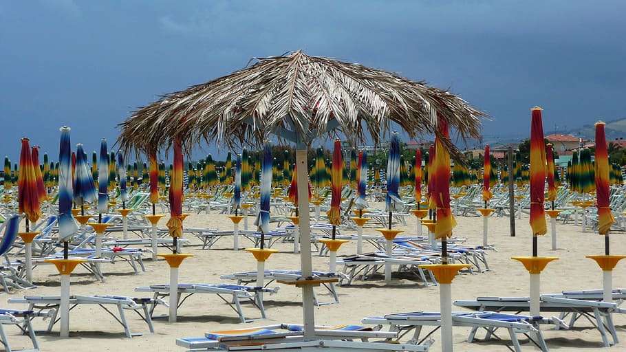 beach, sea, sand, abruzzo, italy, sunshade, umbrella, roseto degli abruzzi, blue sky, chair