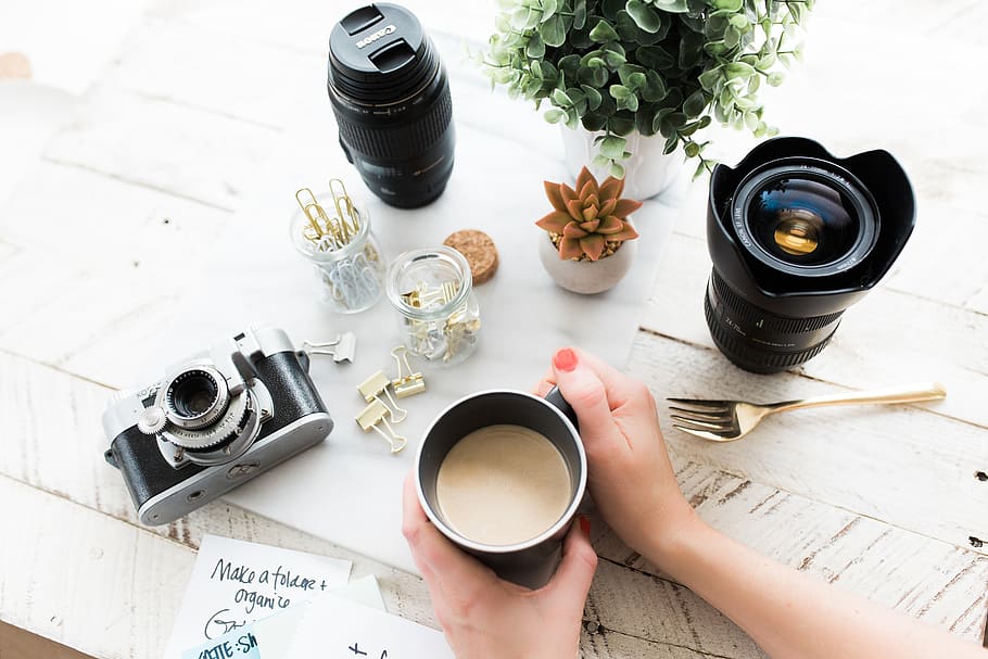 camera, lens, black, photography, table, plant, nature, coffee, work, desk