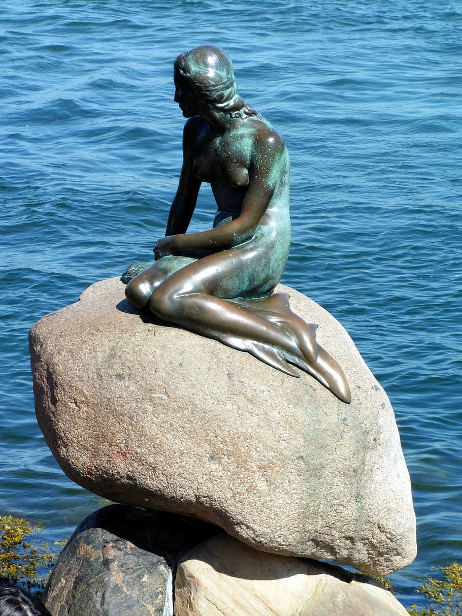 pequeno, estátua da sereia, corpo, agua, Dinamarca, pequena sereia, atração turística, copenhague, figura, locais de interesse