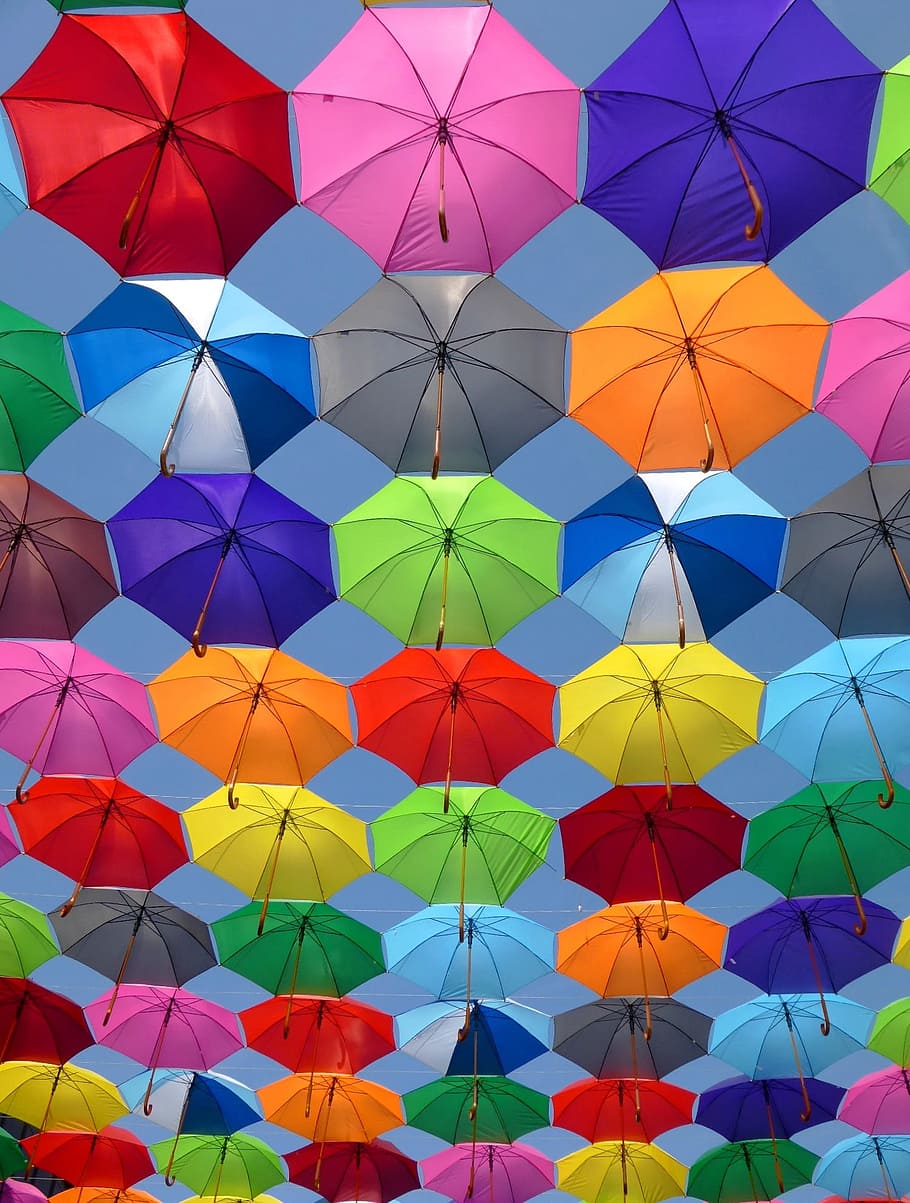 assorted-color umbrella lot, color, umbrella, blue sky, red, yellow, blue, purple, green, decorative street