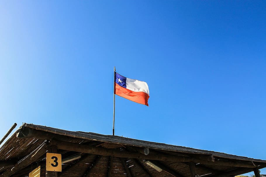 chilean flag, chile, sky, blue sky, barbecue, flag, architecture, patriotism, clear sky, low angle view