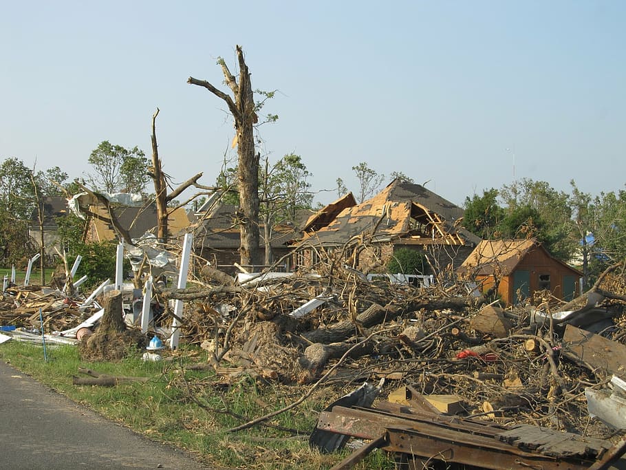 marrom, casa, árvores, tornado, destruição, joplin, missouri, devastação, destroços, desastre