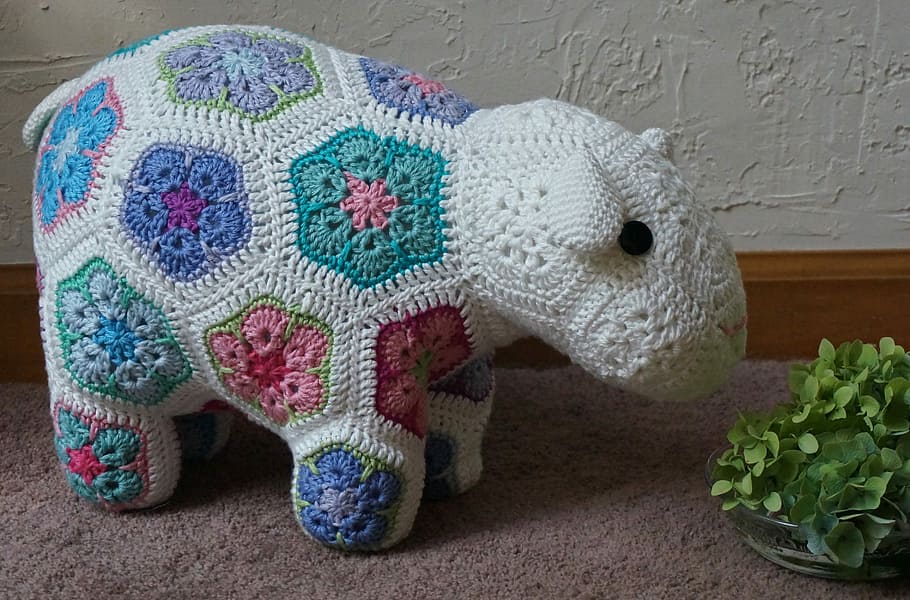 crocheted happy lamb, Crocheted, african flower design, heidi bears design, crochet, yarn, handmade, craft, colorful, indoors