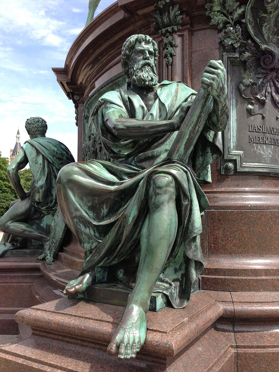 Estatua de bronce, hombre, pátina, anitik, mecklemburgo-pomerania occidental, monumento, bronce, cobre, estatua, escultura
