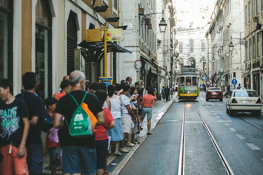 people, standing, road, building, streetcar, waiting, urban, tramway, transport, transportation