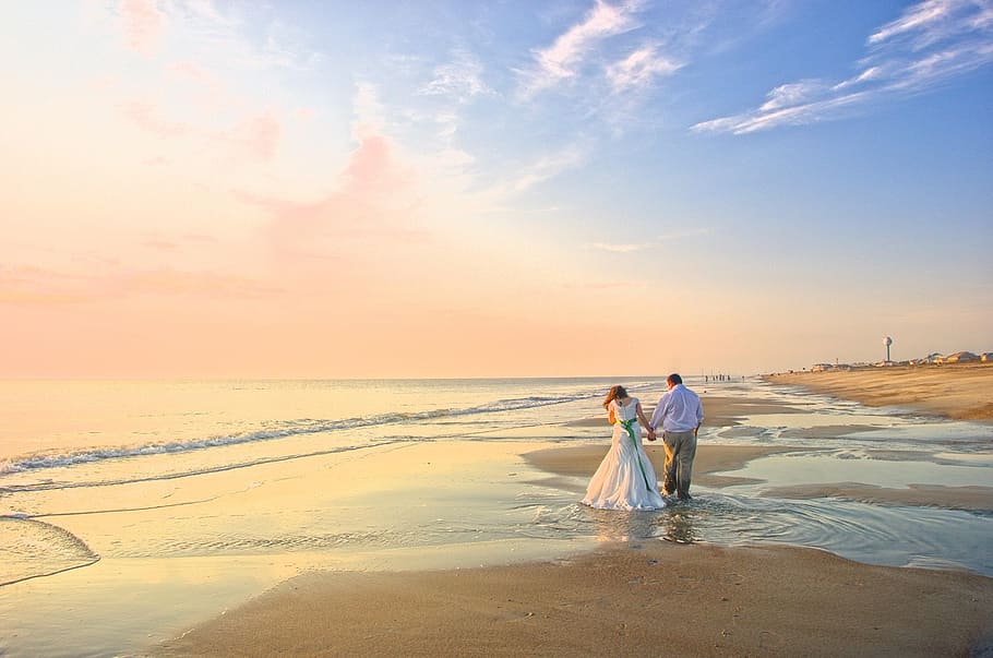 couple, holding, hands, shore, sea, wedding, boyfriend, beach, sunset, commitment