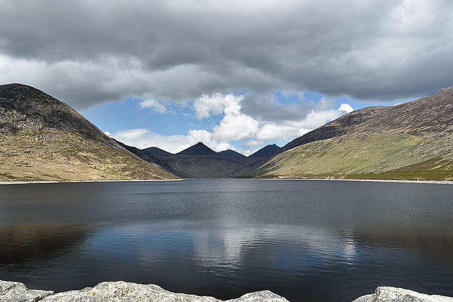 quiet valley, northern ireland, mountains, water reservoir, the tank, landscape, lake, hill, thunder, cloud - sky