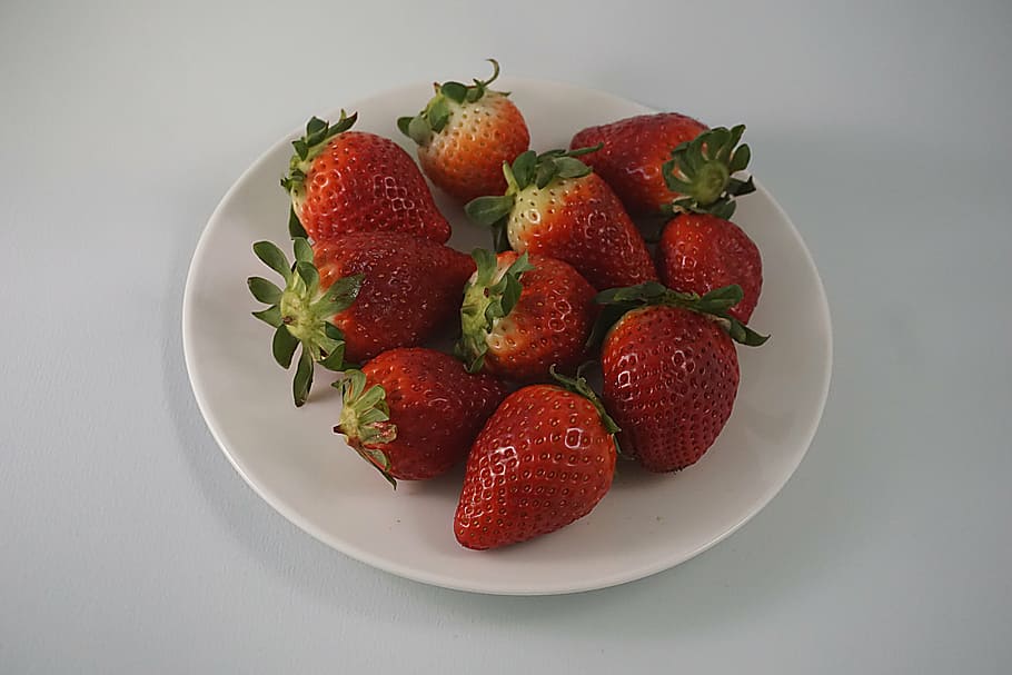 strawberries on plate, strawberries, white, ceramic, plate, red, plant, seeds, fresh, strawberry