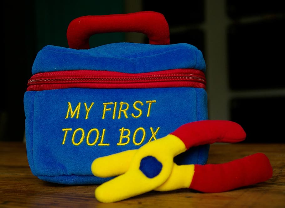 Tools, Diy, Toolbox, Clamp, blue, indoors, day, close-up, text, table
