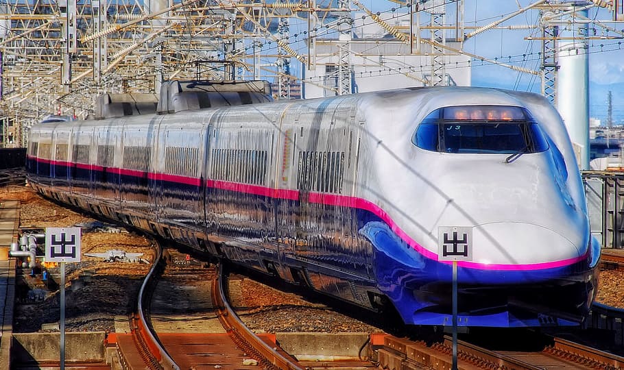 白, 青, 新幹線, 茶色, トレイルレール, 昼間, 日本, 電車, メトロ, 旅行