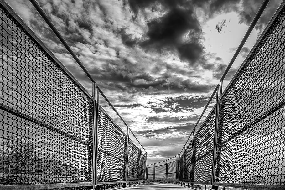 railing, steel, metal, architecture, perspective, black white, away, grid, rods, fixing