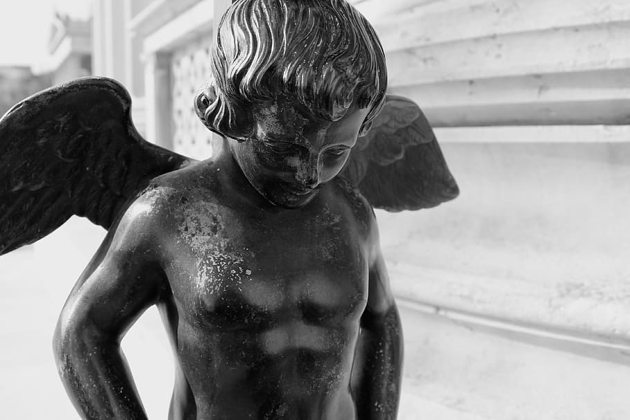 estatua, ángel, blanco y negro, Viena, arquitectura, sin camisa, estilos de vida, hombres, niños, enfoque en primer plano