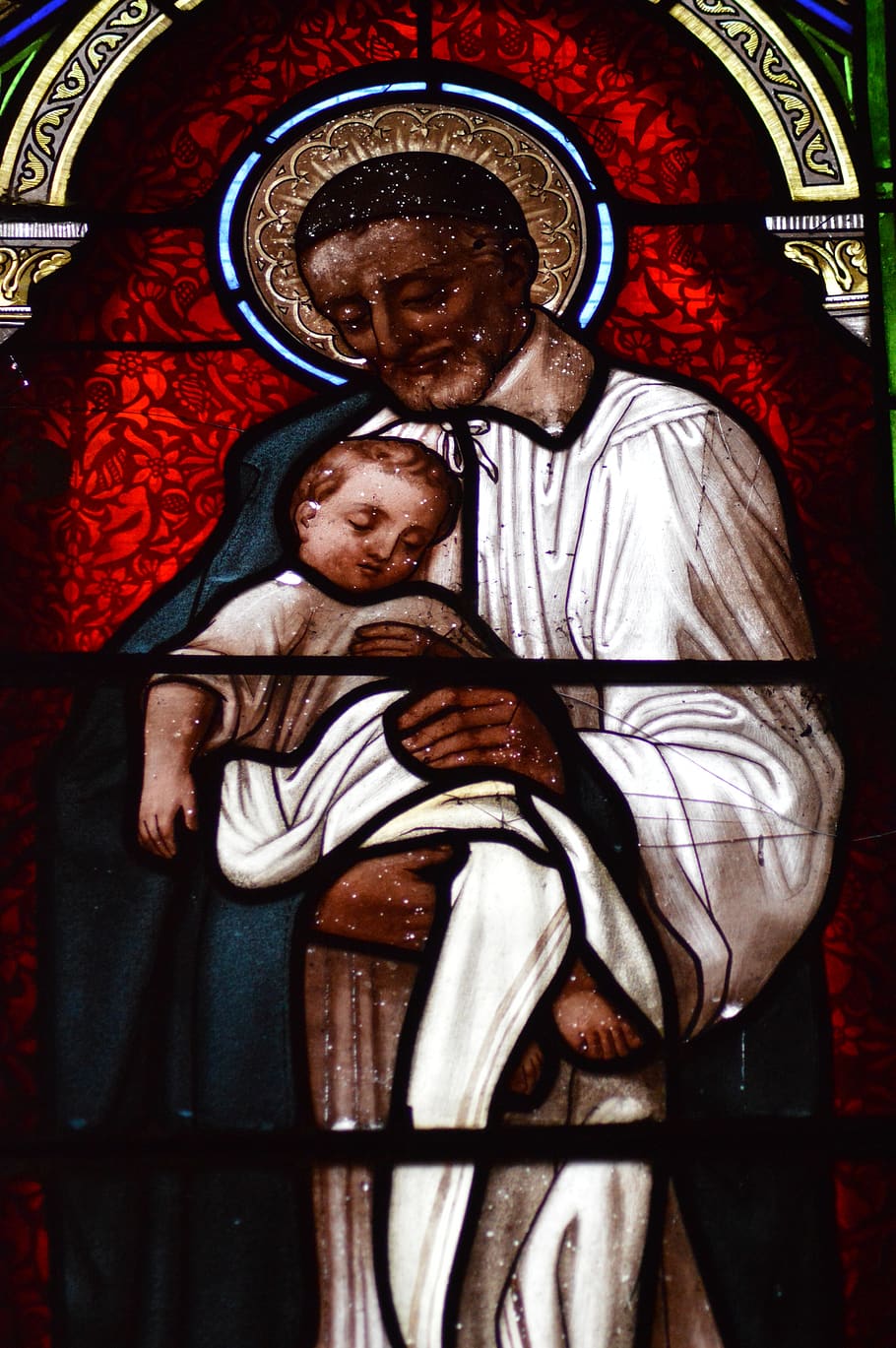 stained glass, people, baby, man, saint, vincent de paul, halo, priest, unfortunate, the oppressed