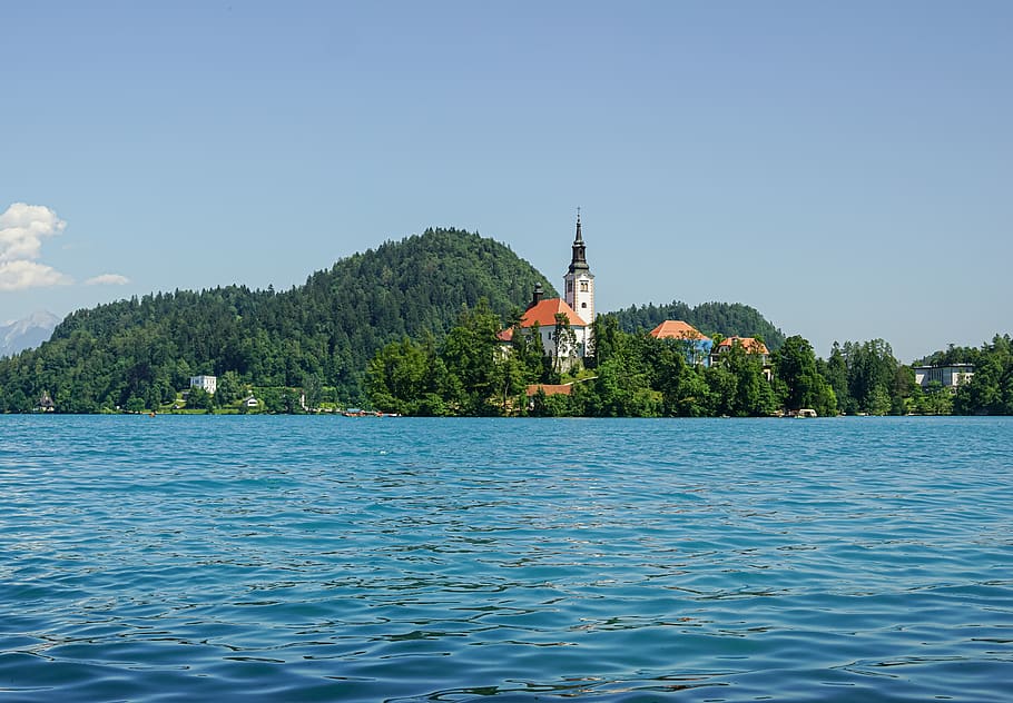 bled lake, slovenia, church, water, sky, tree, waterfront, building exterior, architecture, built structure