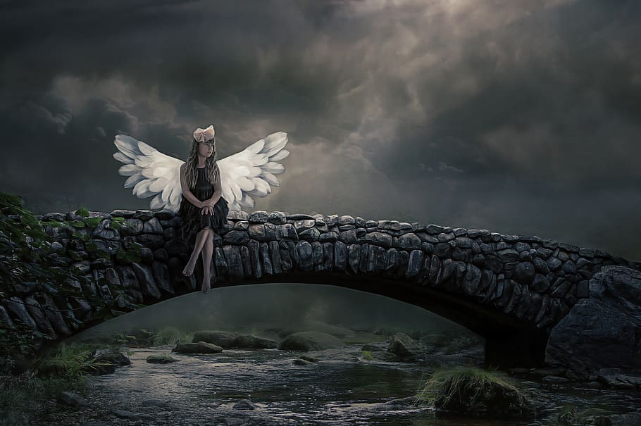 angel, girl, wing, bridge, child, angel wings, mystical, fantasy, dark, mysticism