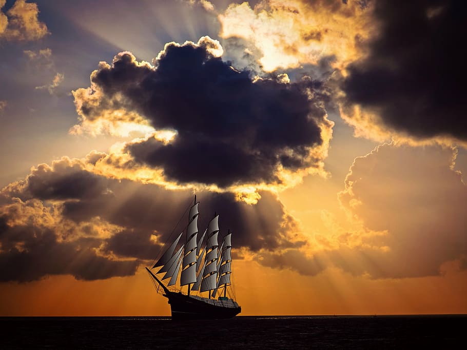 navio galeão, pintura oceânica, navio à vela, navio, vela, mar, oceano, expedição, céu, nuvens