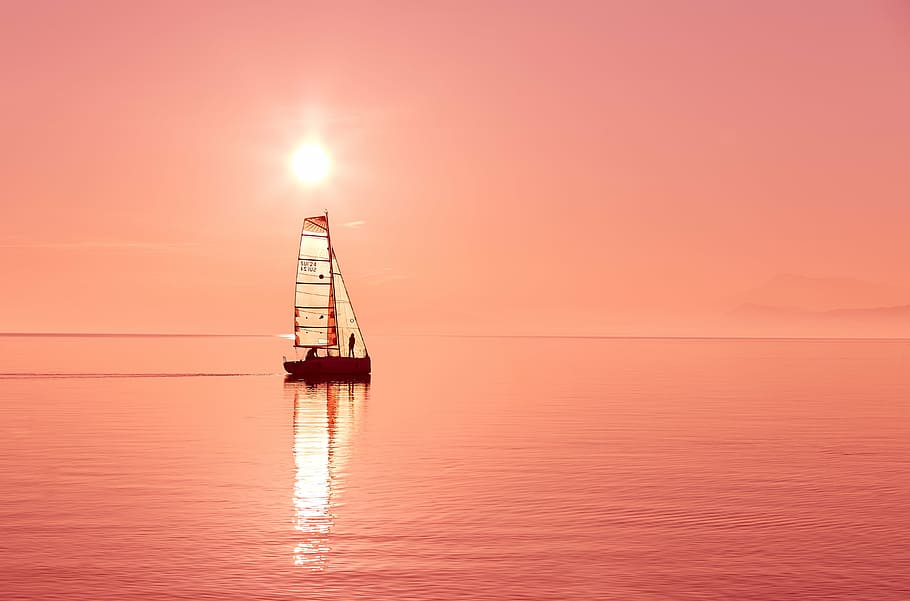 foto, berlayar, perahu, emas, jam, tubuh, air, matahari terbenam, sailbot, pelayaran