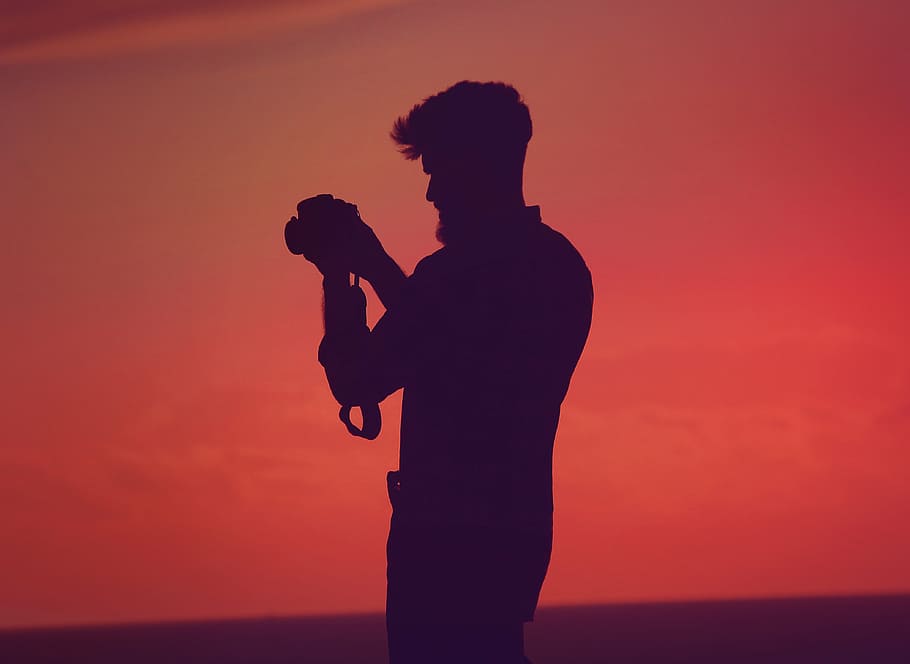 silhouette, man, holding, camera, people, shadow, photographer, orange, sunset, shutter