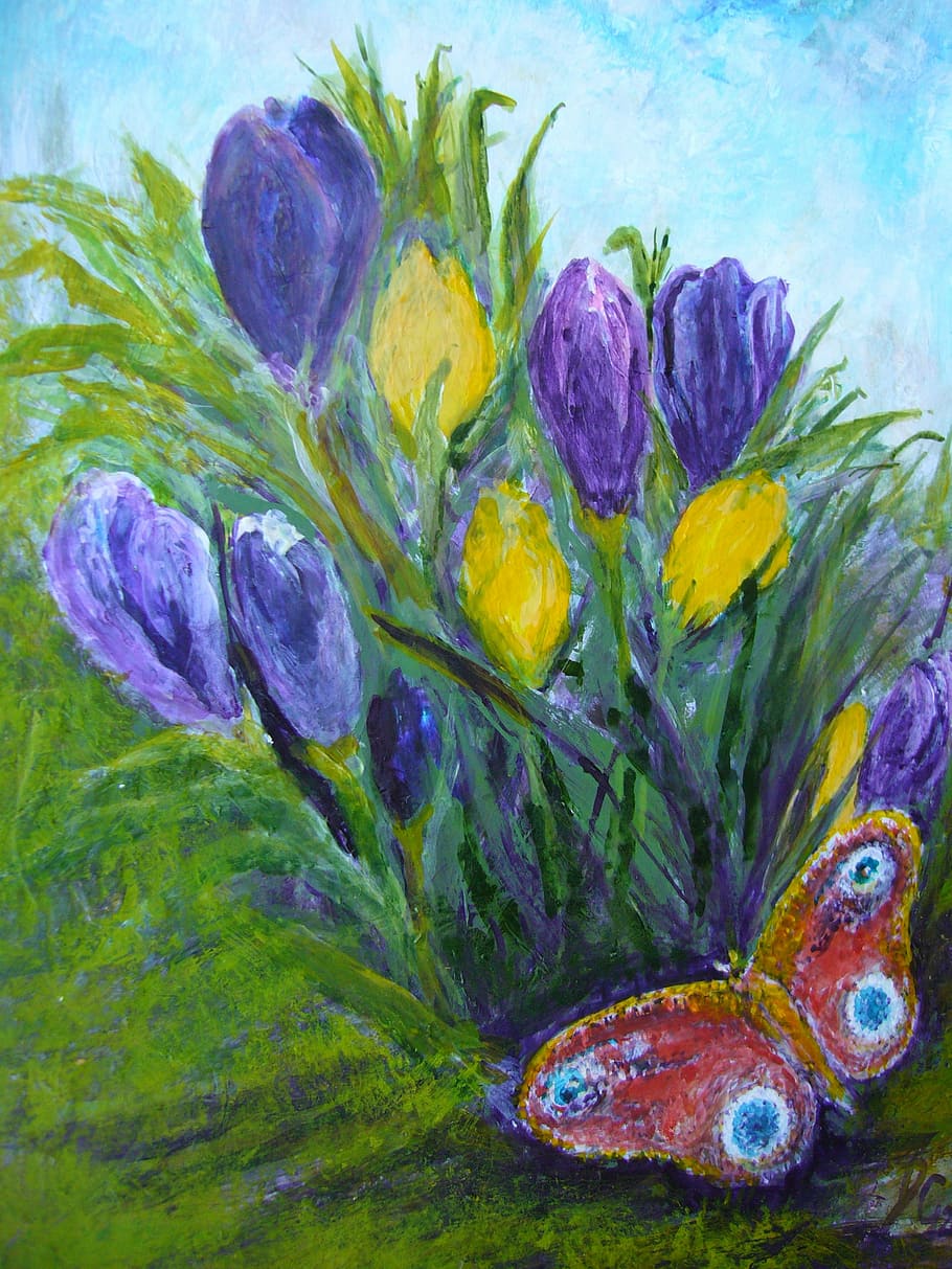 signos de primavera, campanilla blanca, mariposa, multicolor, naturaleza, flor, azul, ilustración, arte y artesanía, pintura