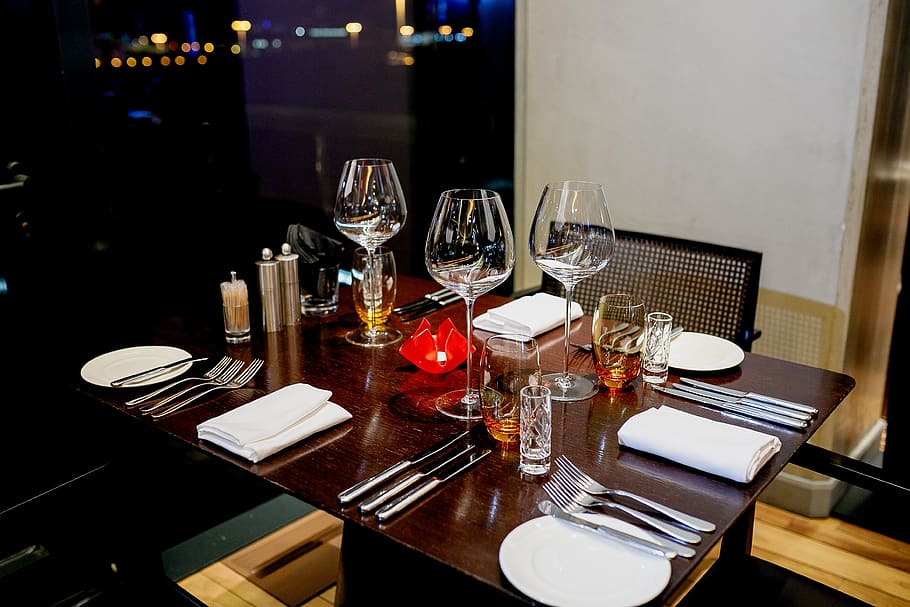 mesa, postura, almoço, nutrição, elegante, vidro, romântico, restaurante, garfo, guardanapo