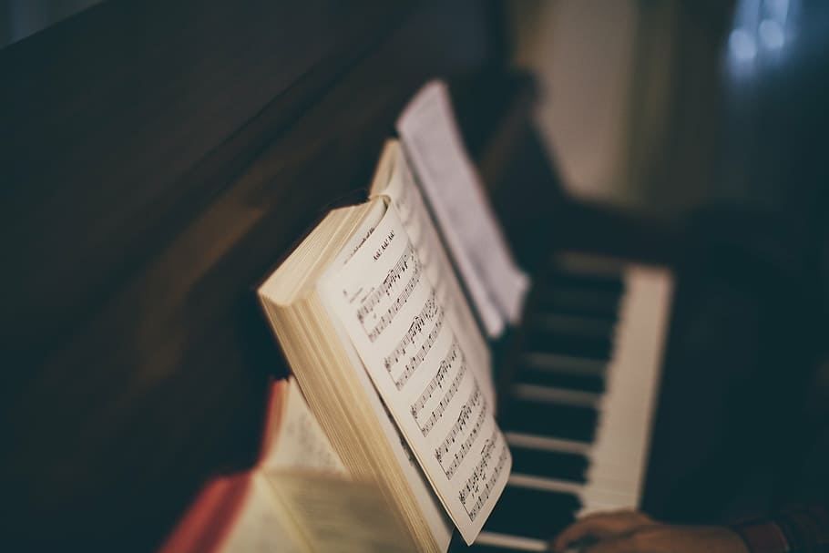 focus photography, music book, placed, piano, selective, focus, photography, black, spinet, music
