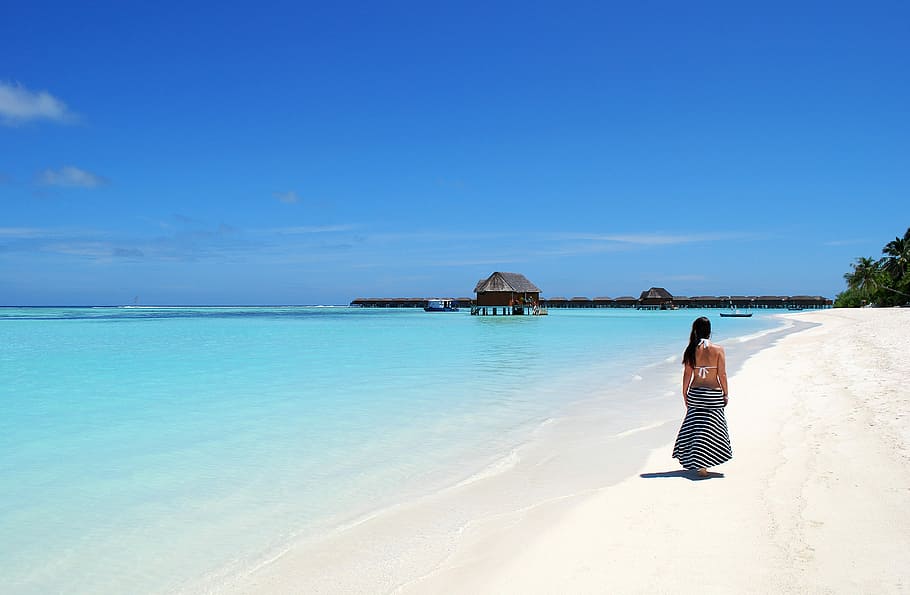 woman, walking, seashore, blue, sky, daytime, maldives, beach, sea, water