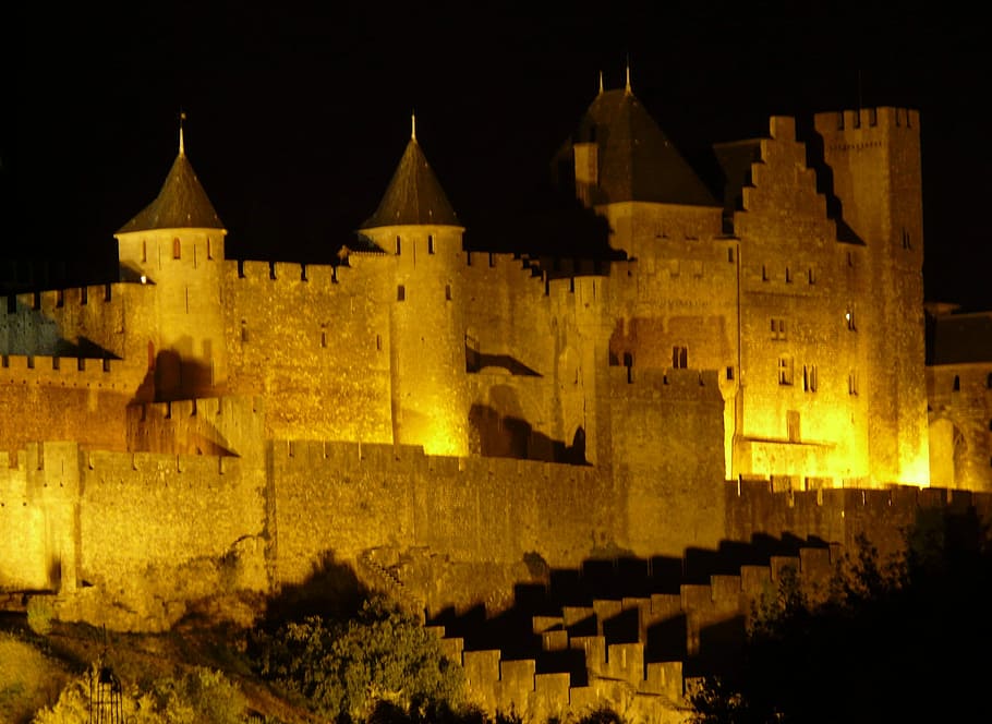 Castillo, Edificio, Arquitectura, carcasona, ciudad de guarnición, iluminación, noche, fortaleza, pared, pináculo
