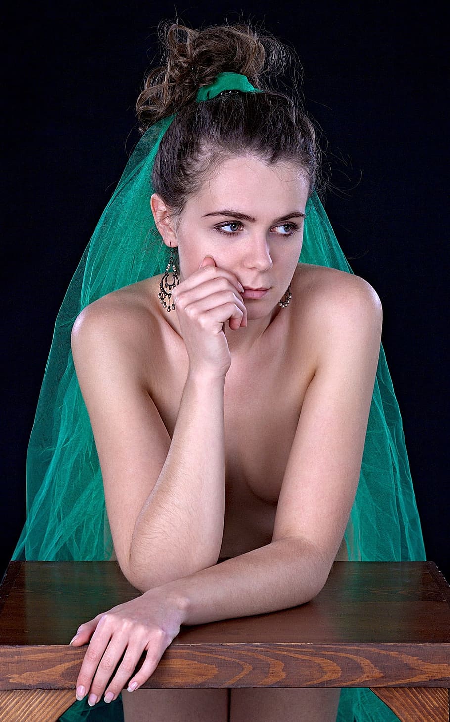 woman, wearing, green, veil, thoughtfulness, girl, portrait, thinking, peace of mind, contemplation